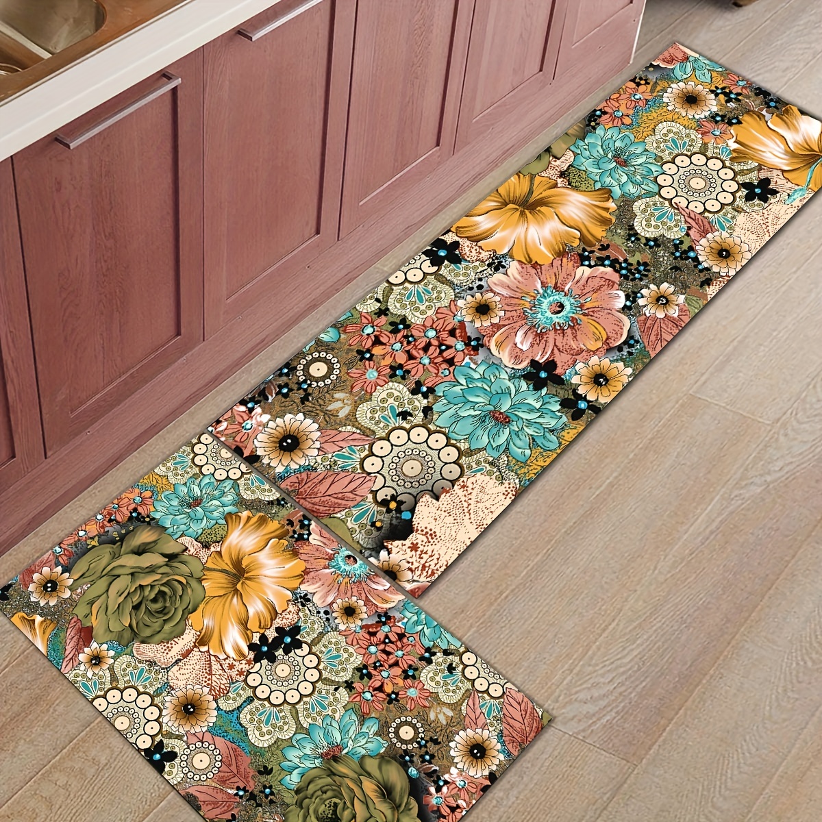 Boho Floral Kitchen Rug, Soft Cushioned Anti-fatigue Comfortable