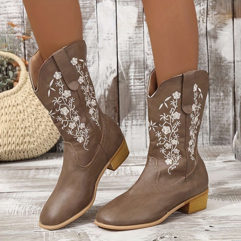 Women's Floral Embroidered Boots, Slip On Round Toe Chunky Heel Mid Calf  Western Cowboy Boots, Versatile Comfy Shoes