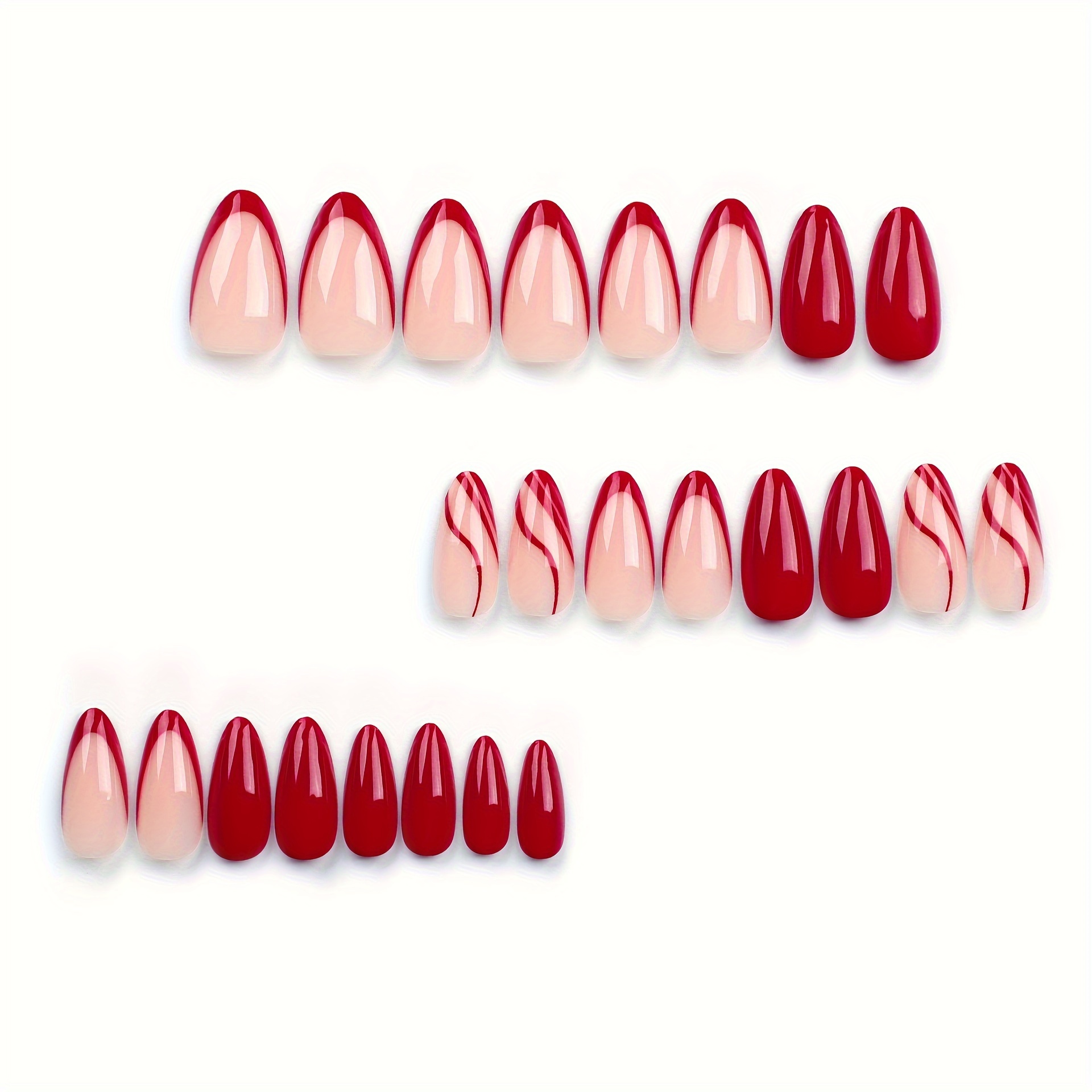 24pcs glossy medium almond fake nails wine red french tip press on nails with red stripe design new year false nails for women girls details 1