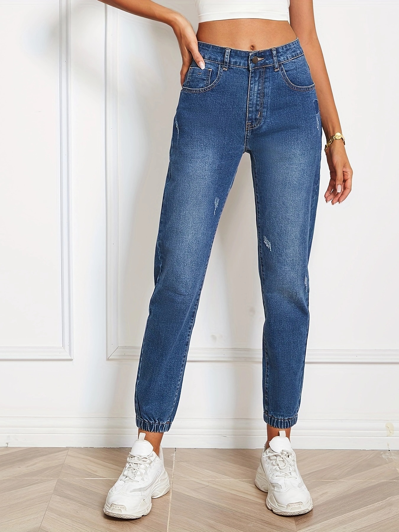 Blue Loose Fit Straight Jeans, Slash Pockets *-Strstch Casual Denim Pants,  Women's Denim Jeans & Clothing