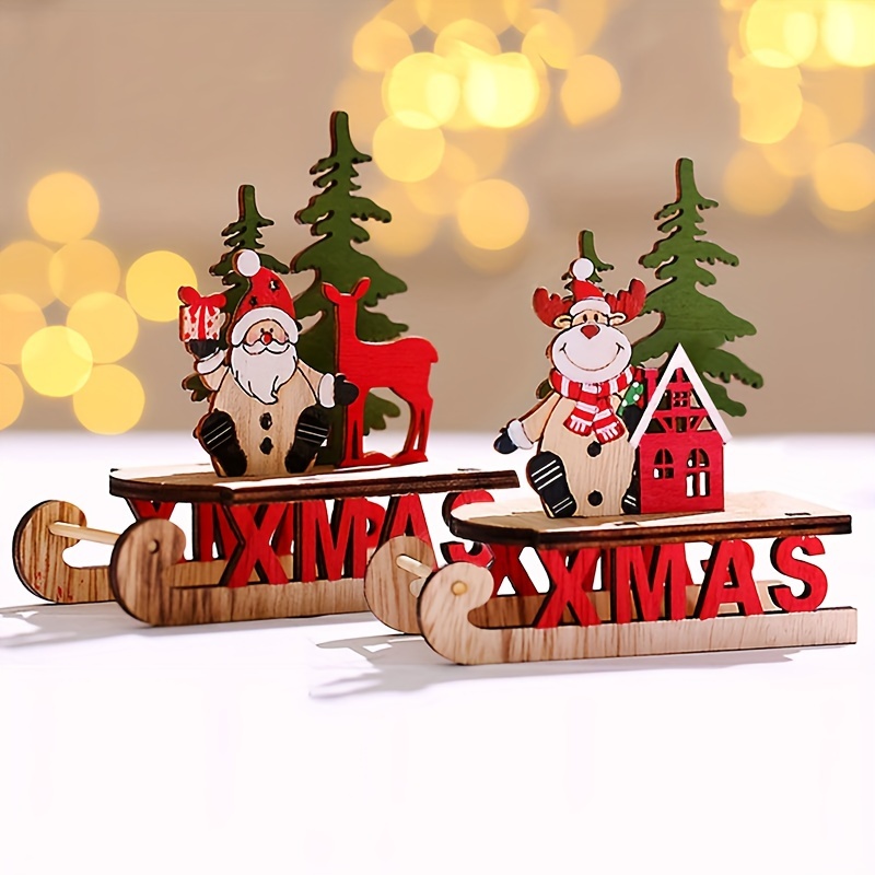 1pc Christmas Elk Sleigh Decoration Supplies Wooden Diy Sleigh Ski ...