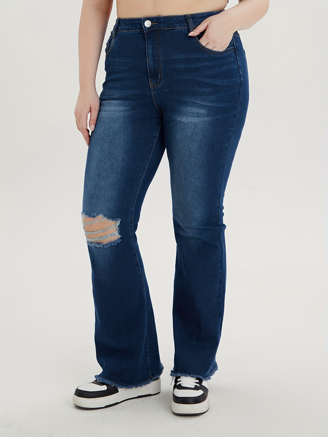 Plus Size Ripped Button Front Flared Leg Jeans Women's Plus - Temu