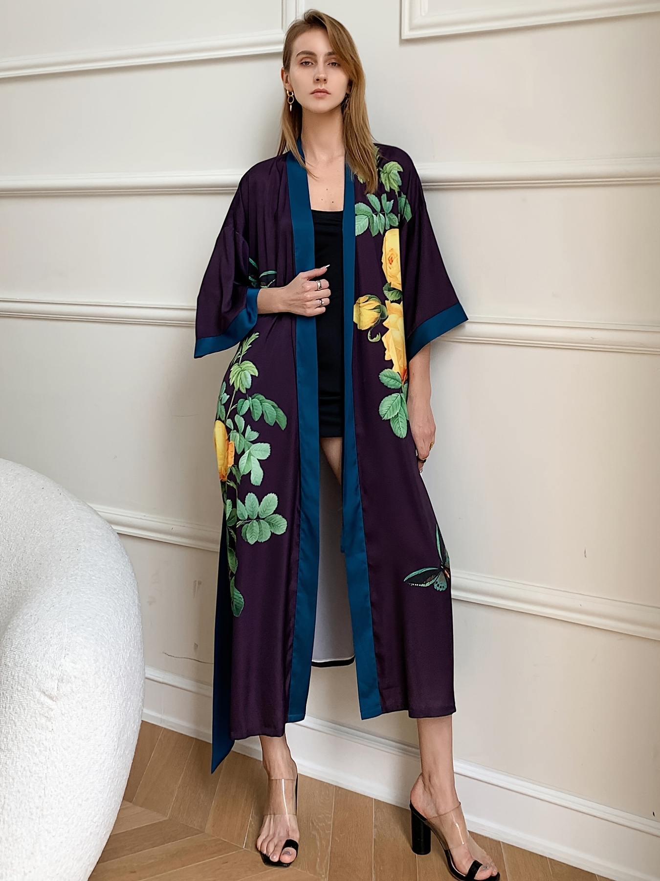 Elegant Floral Print House Robe Wide Sleeve Lounge Robe - Temu