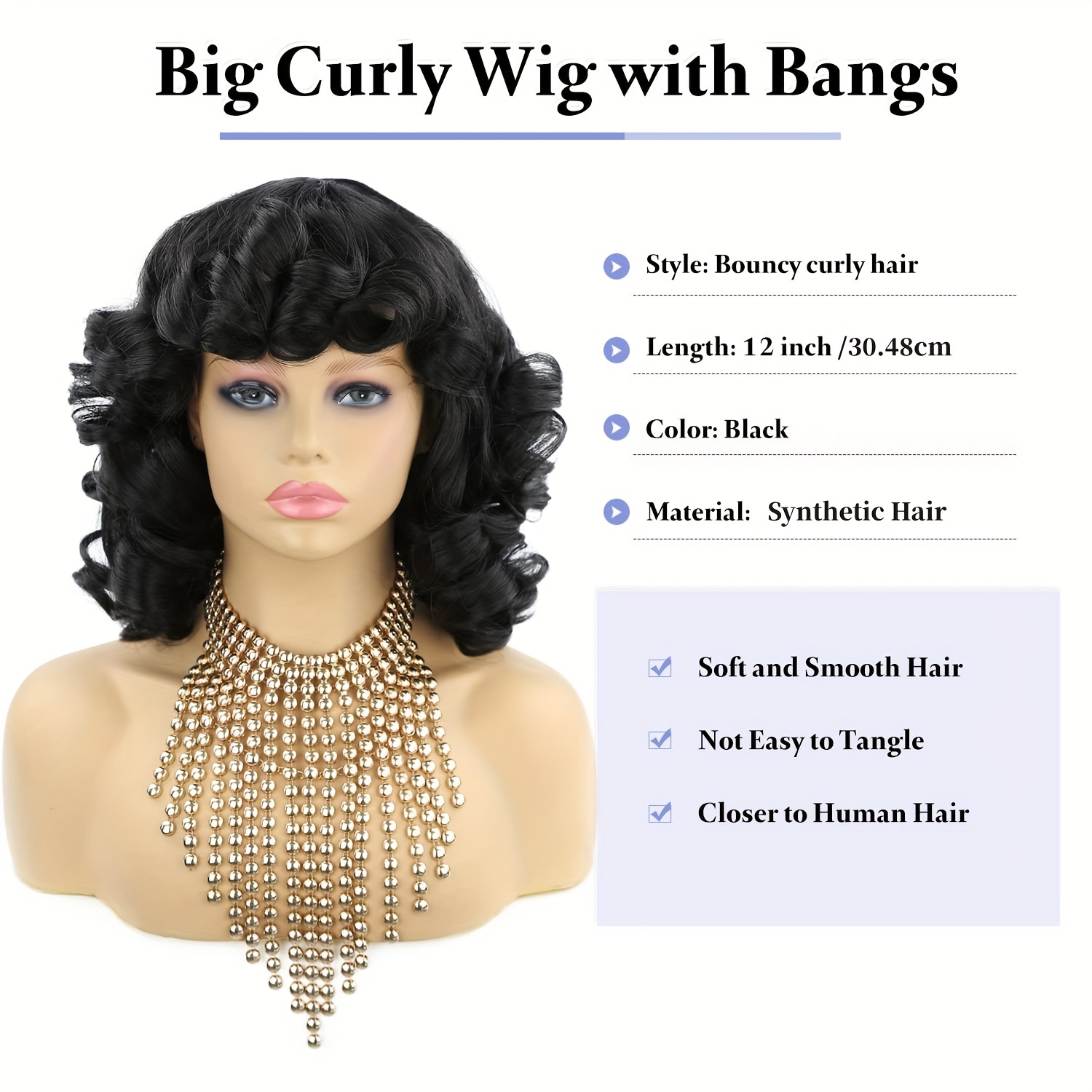 Curly Wigs With Bangs Afro Kinky Curly Big Bouncy Short Human Hair Wig  Natural Black Color