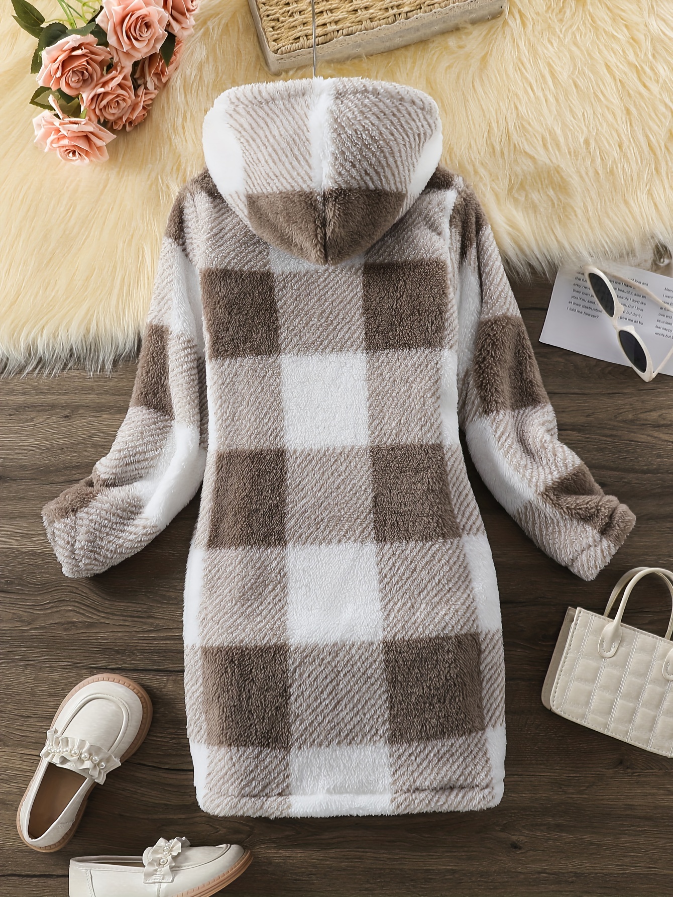 Plaid Long Sleeve Hooded Dress Girls Comfy Dress Fall Winter - Temu