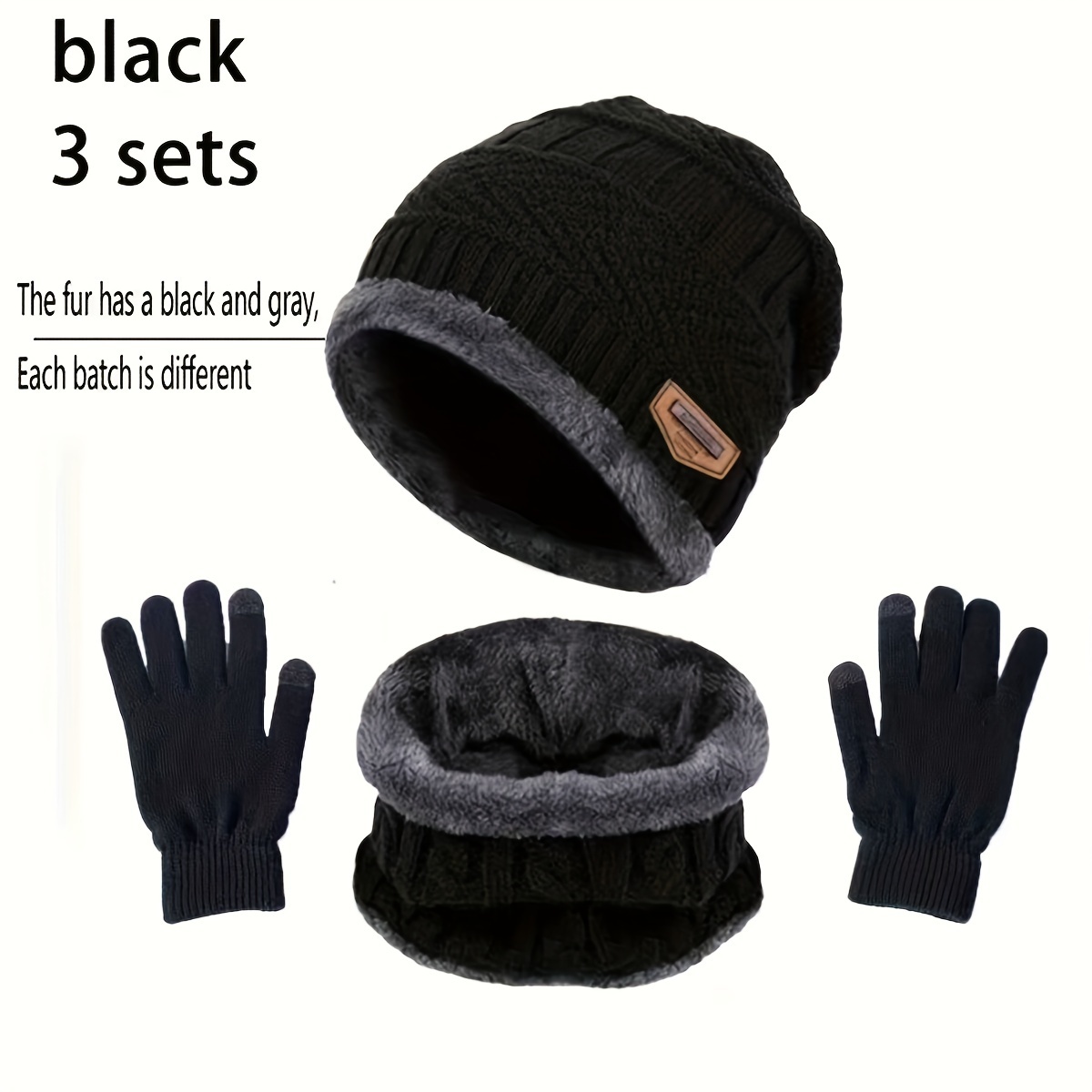

3pcs Gloves Scarf Fleece Beanie Set For Women & Men Black Knit Hats Warm Beanies Winter Neck Gaiter Elastic Gloves Outdoor Accessories