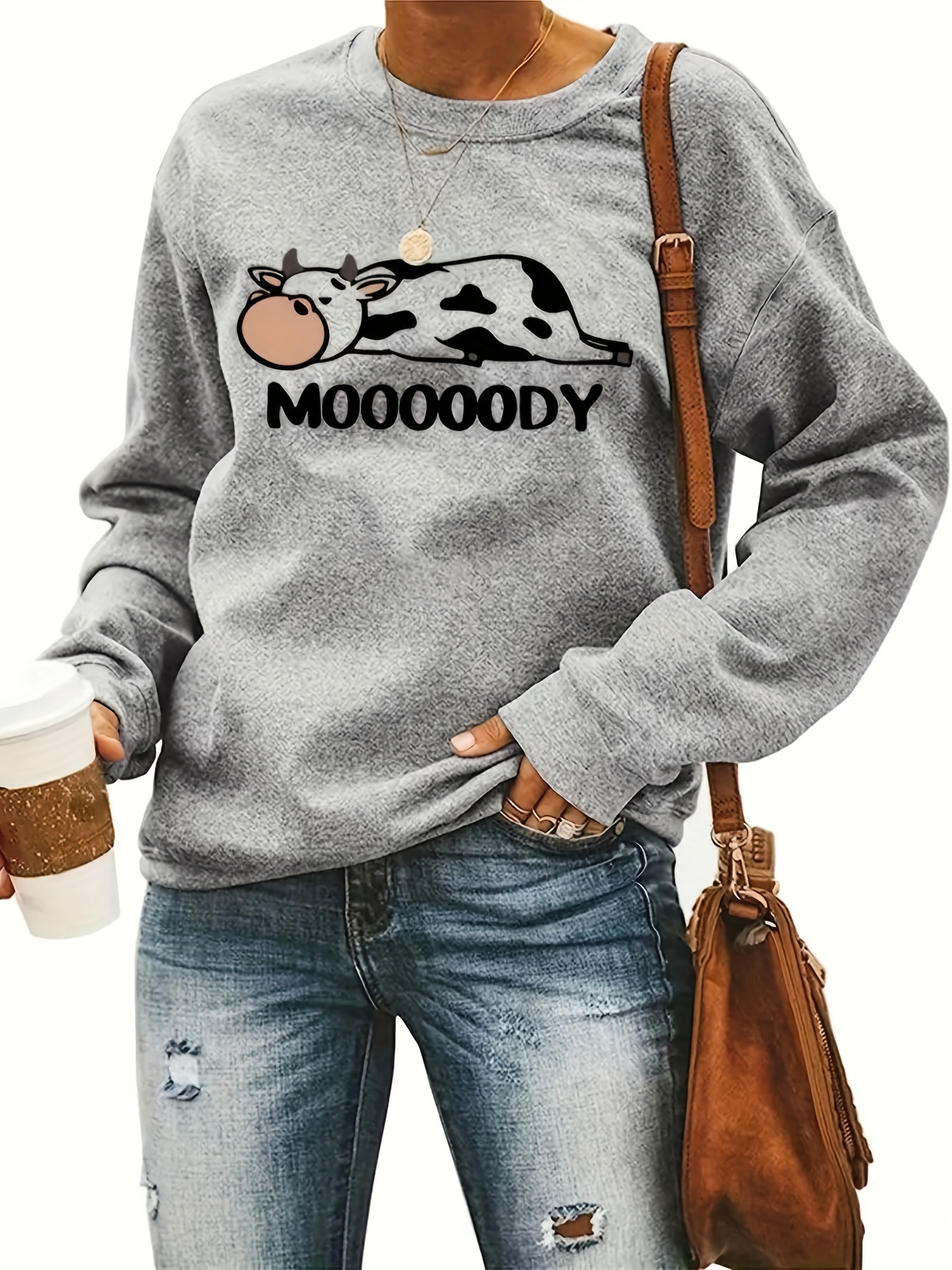 cow print sweatshirt casual long sleeve crew neck sweatshirt womens clothing details 1