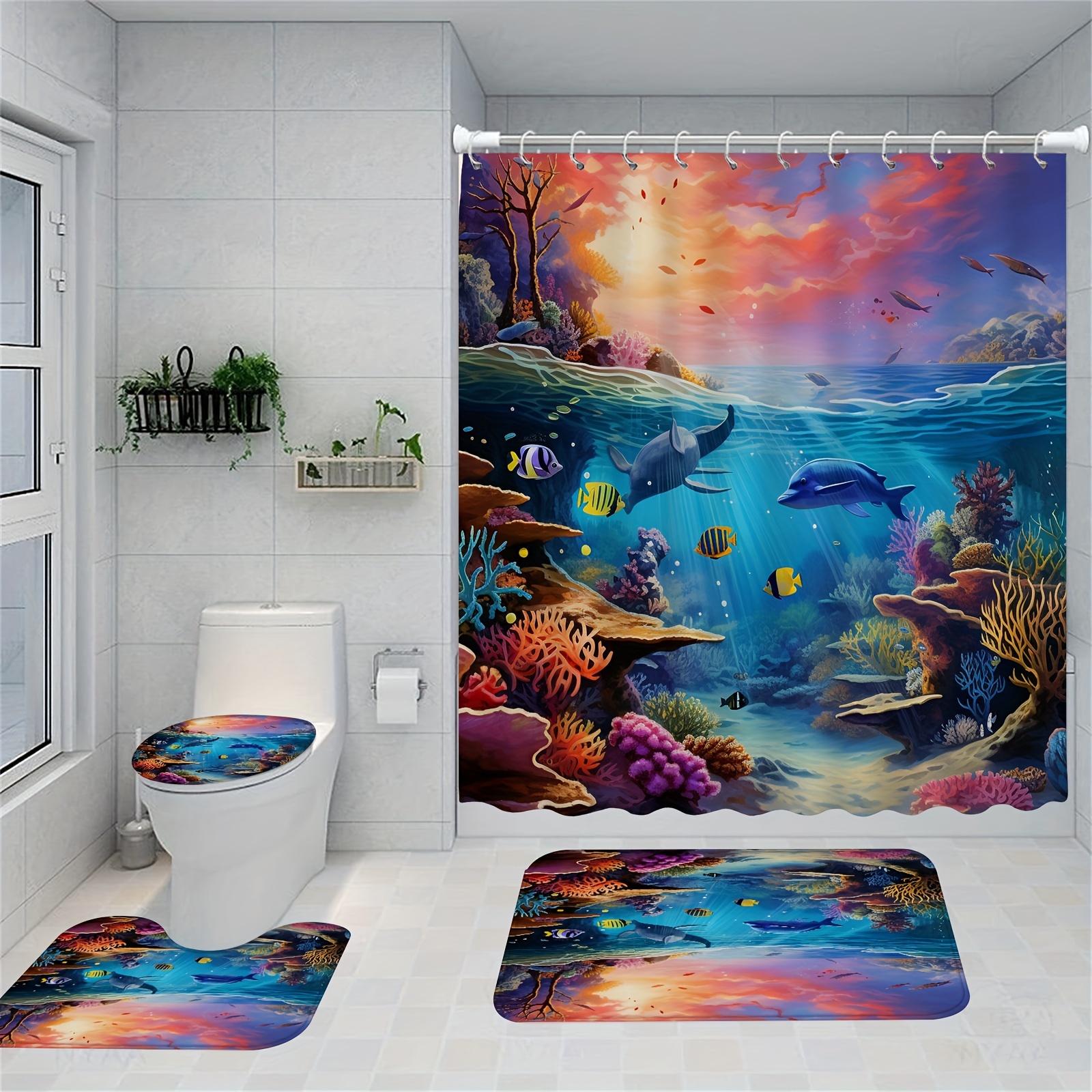 1/4pcs Cartoon Tropical Fish Shower Curtain And Mats, Underwater Coral Reef  Bathroom Sets With Shower Curtain And Rugs, Waterproof Polyester Fabric