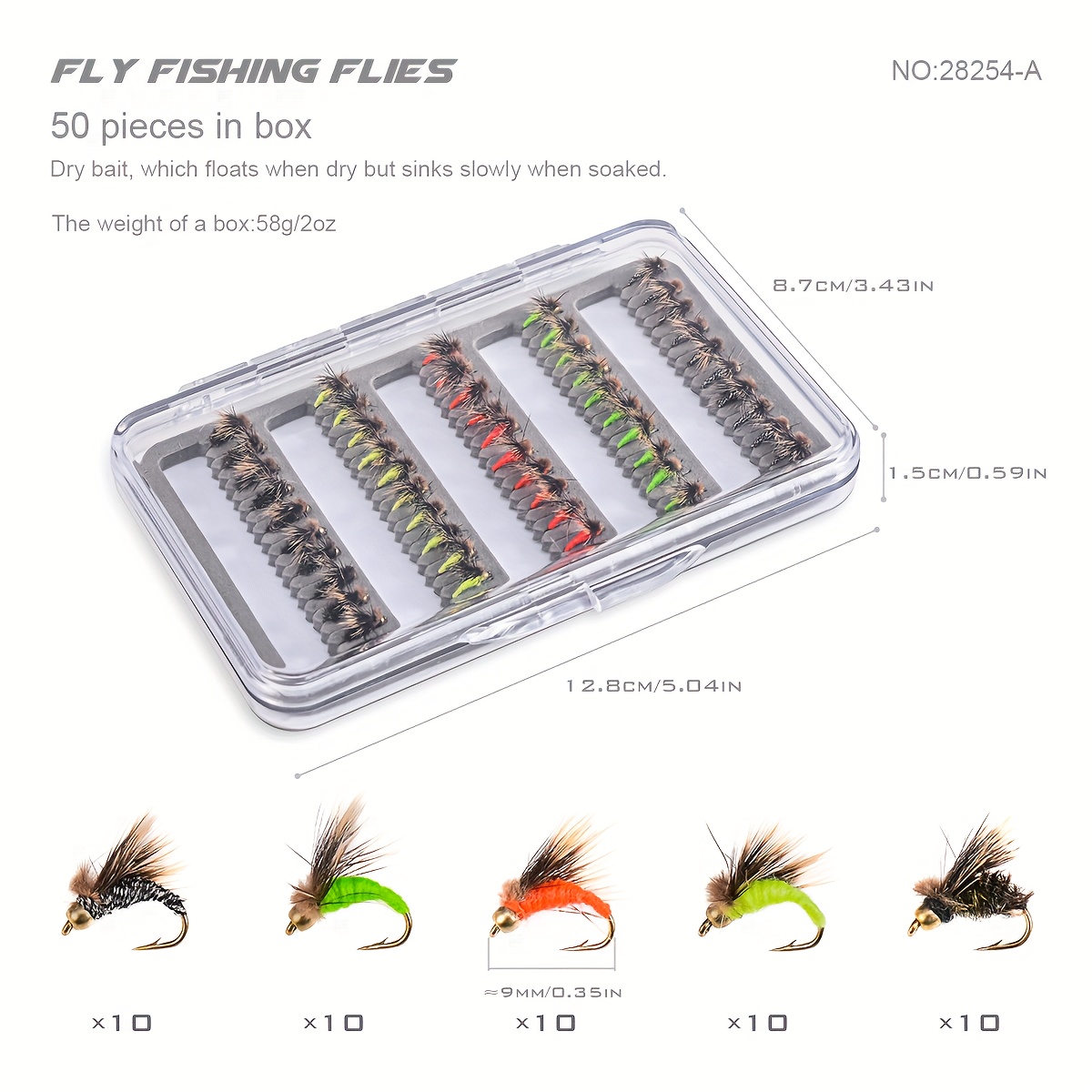 50Pcs Fly Fishing Flies Assortment Waterproof Fly Box Dry/Wet