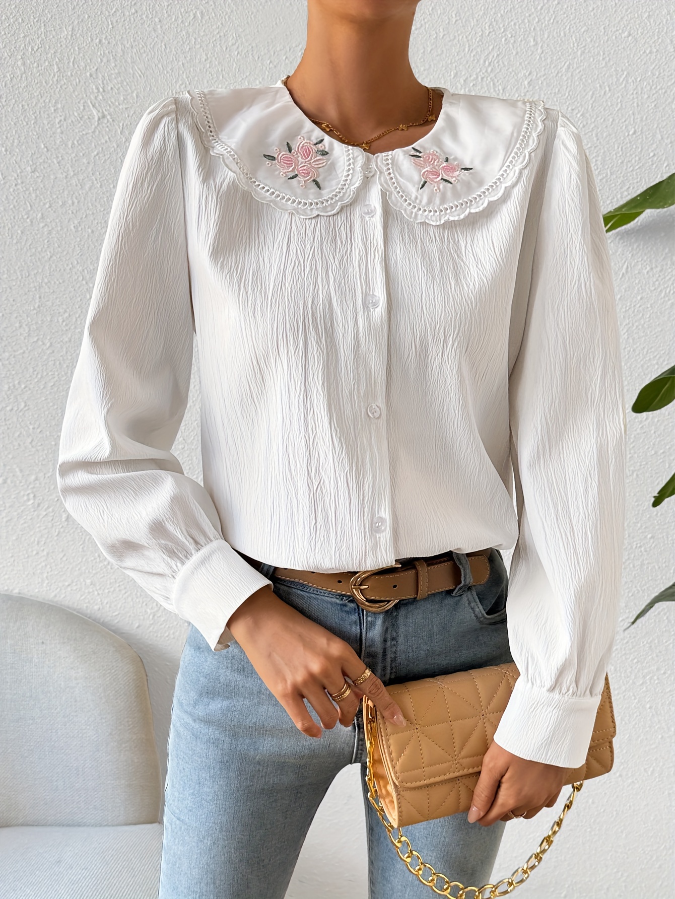 Long Sleeve Peterpan Collar Blouse with embroidered logo
