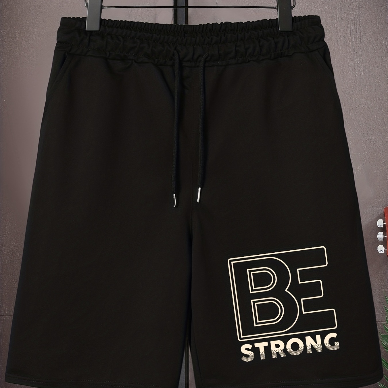 

be Strong" Letter Print Casual Mid Stretch Graphic Drawstring Shorts, Men's Trendy Shorts For Summer