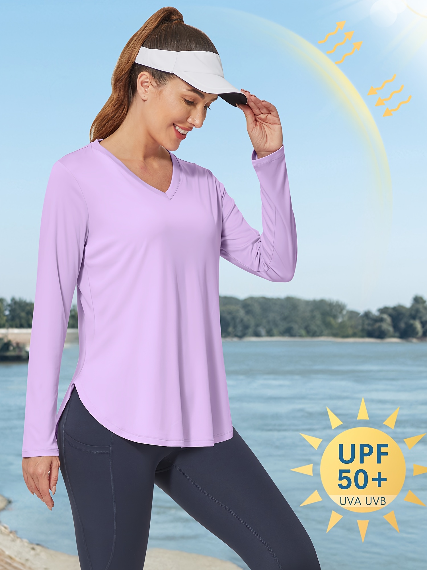 Plain V Neck Sun Protection T-Shirt, Long Sleeve Loose Fit Comfy UPF 50+ Outdoor Sports Cover Up Top, Women's Swimwear & Clothing,Temu