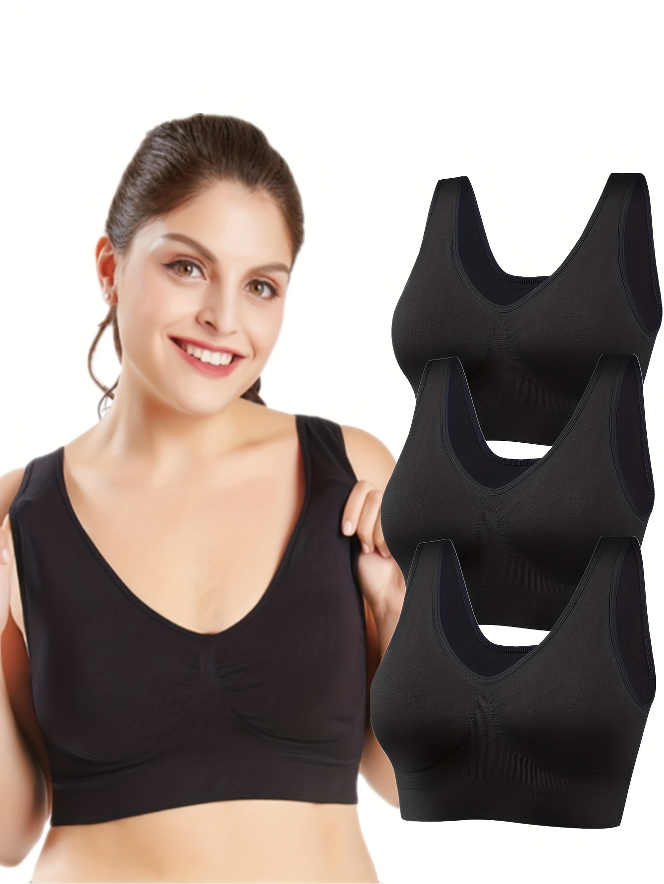  Womens Sports Bras, Yoga Comfort Seamless Stretchy Sports Bra  For Women 3 Pack Black