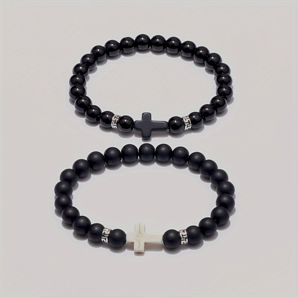 White Black Cross Beads Beaded Bracelet Elastic Prayer Faith - Temu