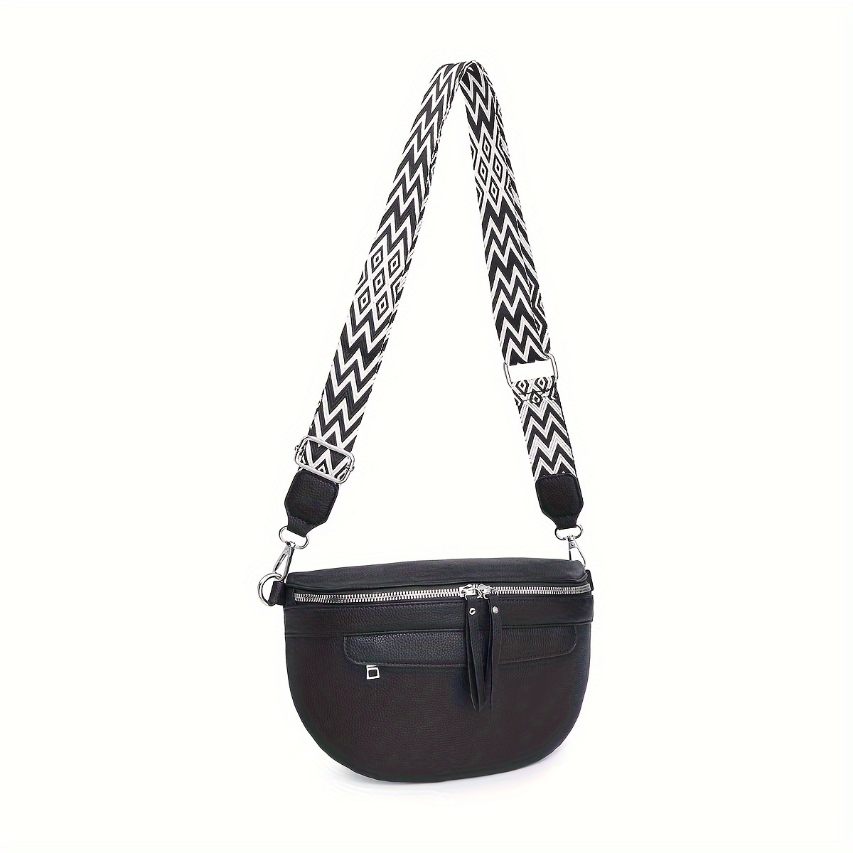 

Wide Geometric Pattern Strap Chest Bag, Solid Color Zipper Fashion Waist Bag, Women's Saddle Bag For Daily Use