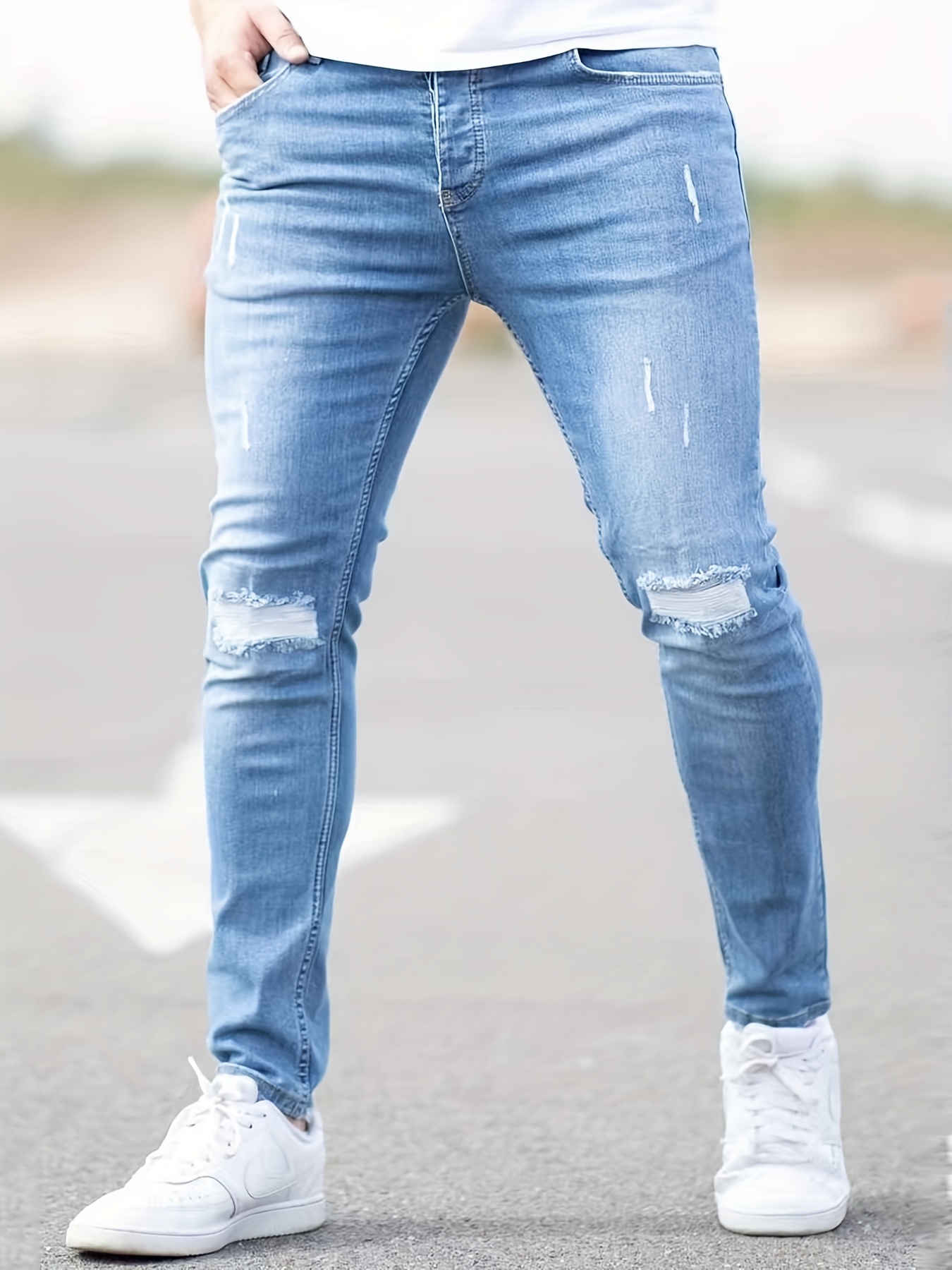 Slim Fit Ripped Tapered Jeans Men's Casual Street Style - Temu