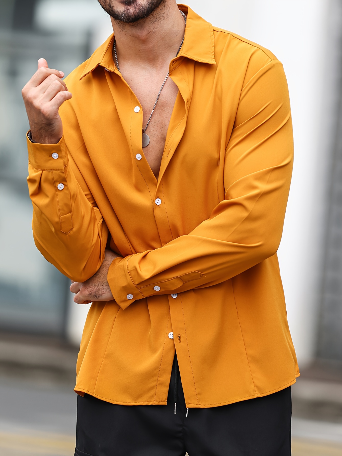 Mens mustard yellow sales button up shirt