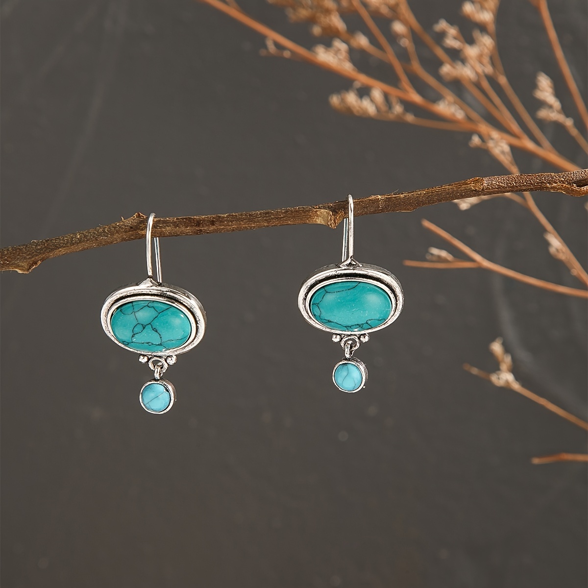 Vintage Boho Turquoise Dangle Earrings, Birthstone Style