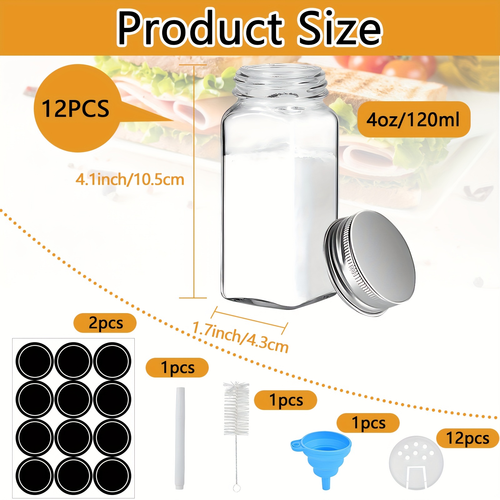 24 Pcs Glass Spice Jars with Spice & Pantry labels - 4oz Empty
