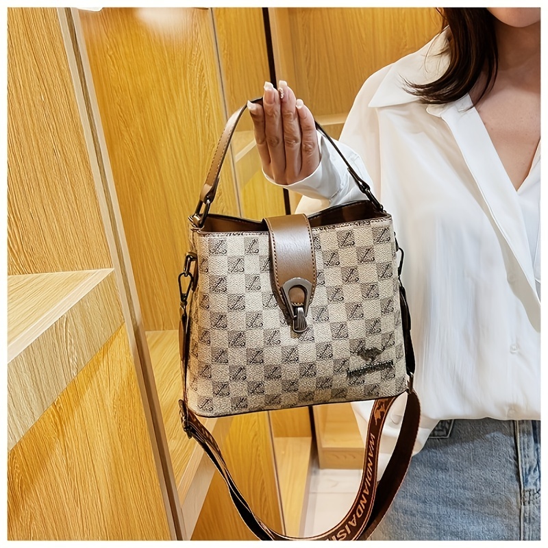 Checkered Pattern Bucket Bag, Vintage Style Shoulder Trendy Crossbody Bag for Women