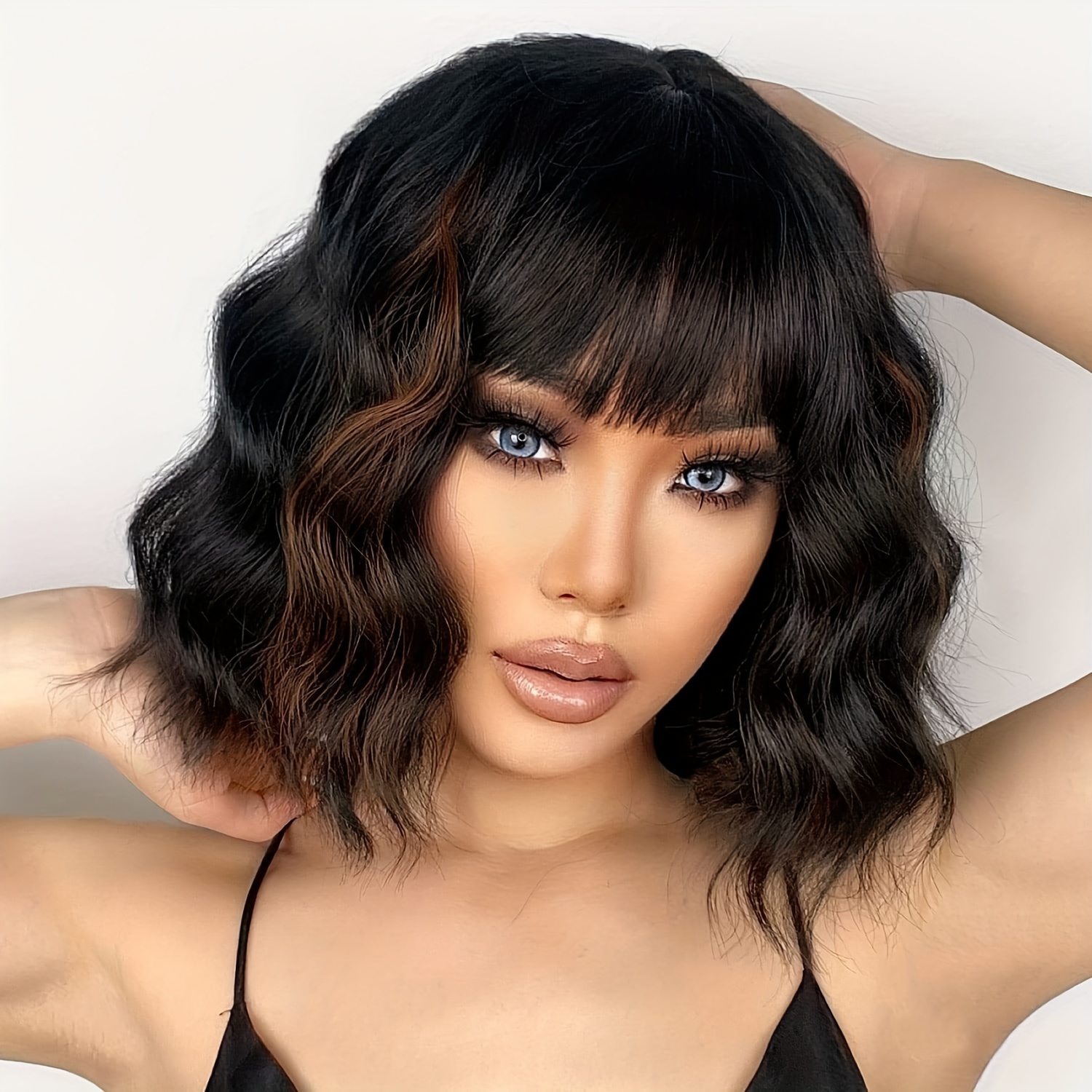 Short Wavy Bob Wigs Bangs Women Black Mixed Brown Short Wavy Temu 9636