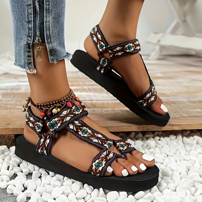 Women's Boho Style 3d Flower Flat Sandals, Solid Color Open Toe