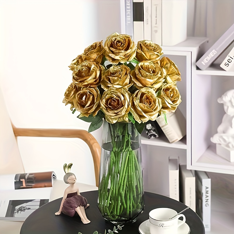 Eternal Blossom 12pcs Artificial Gold Roses Flowers,Single Fake Silk Rose Flower with Short Stem Suitable for Family Wedding Party Decoration