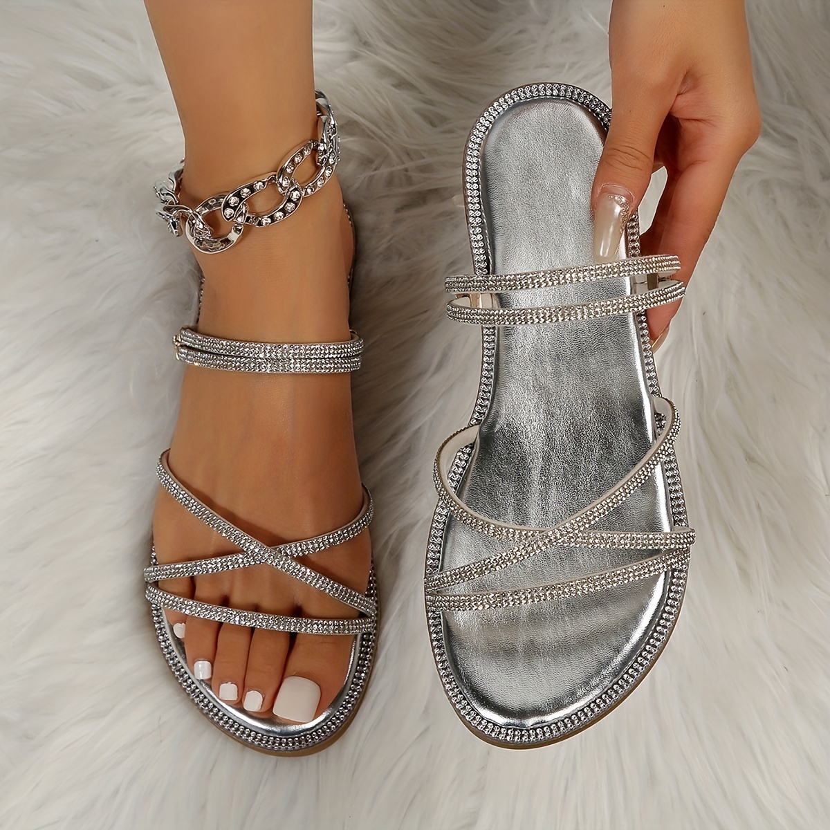 Women Rhinestone Decor Flat Sandals, Glamorous Apricot Slide Sandals For  Summer