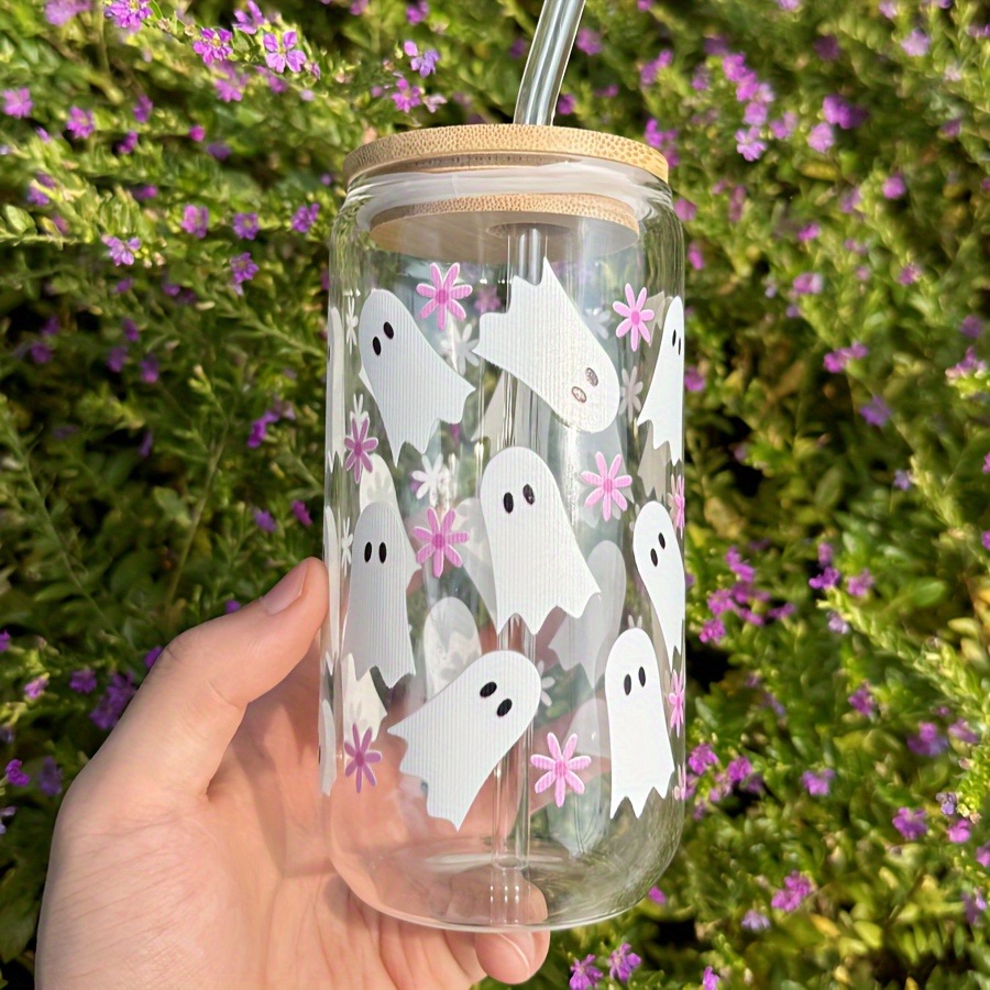 Ghosts with Flowers Glass Coffee Cup With Lid & Straw