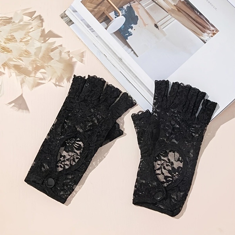 Black Snap Lace Gloves Simple Hollow Half Finger Elastic - Temu Kuwait