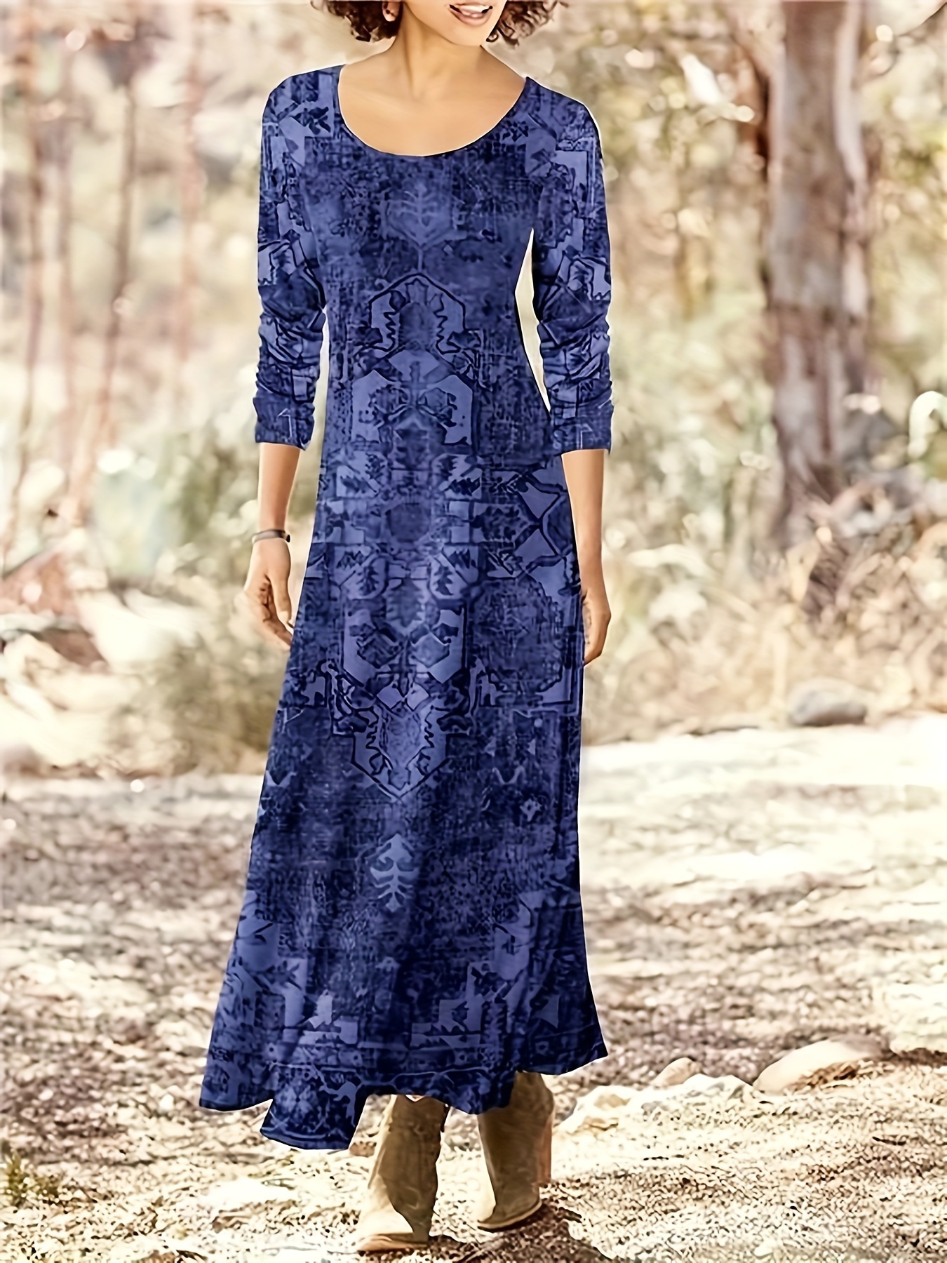 Bohemian Style Long Sleeve Crew Neck Maxi Dress Casual Fall - Temu Canada