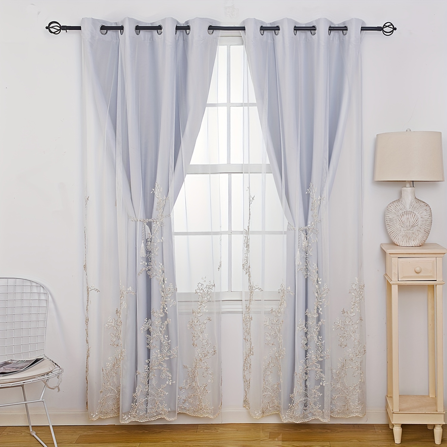 2pcs Cortinas Voile Sheer Bordado Doble Capa Oscurecimiento - Temu Mexico