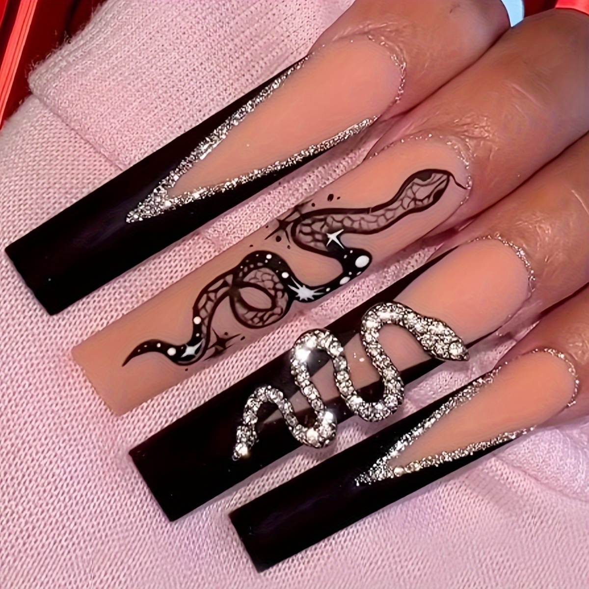 

24pcs Glossy Long Square Fake Nails, Black French Tip Press On Nails With Silvery Glitter And 3d Snake Design, Sweet Cool False Nails For Women Girls