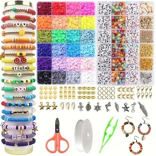 6800Pcs 24 Colors Flat Round Polymer Clay Beads Kit With 900Pcs Letters Beads And 2 Cases Elastic String, Charms For DIY Bracelet Necklace Jewelry Making Crafts