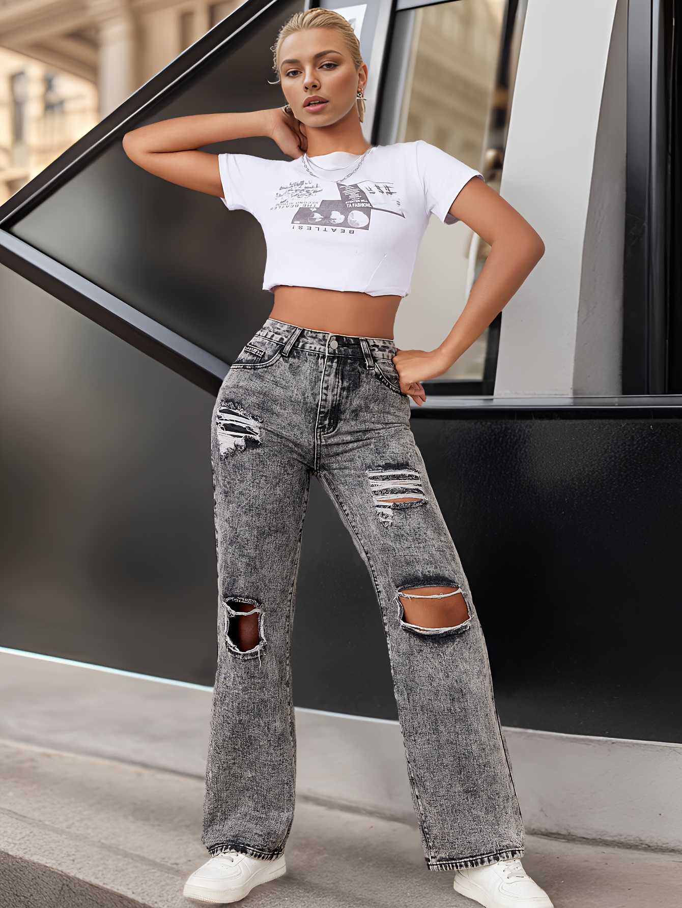 Grey Ripped Holes Straight Jeans Distressed Loose Fit Slash - Temu
