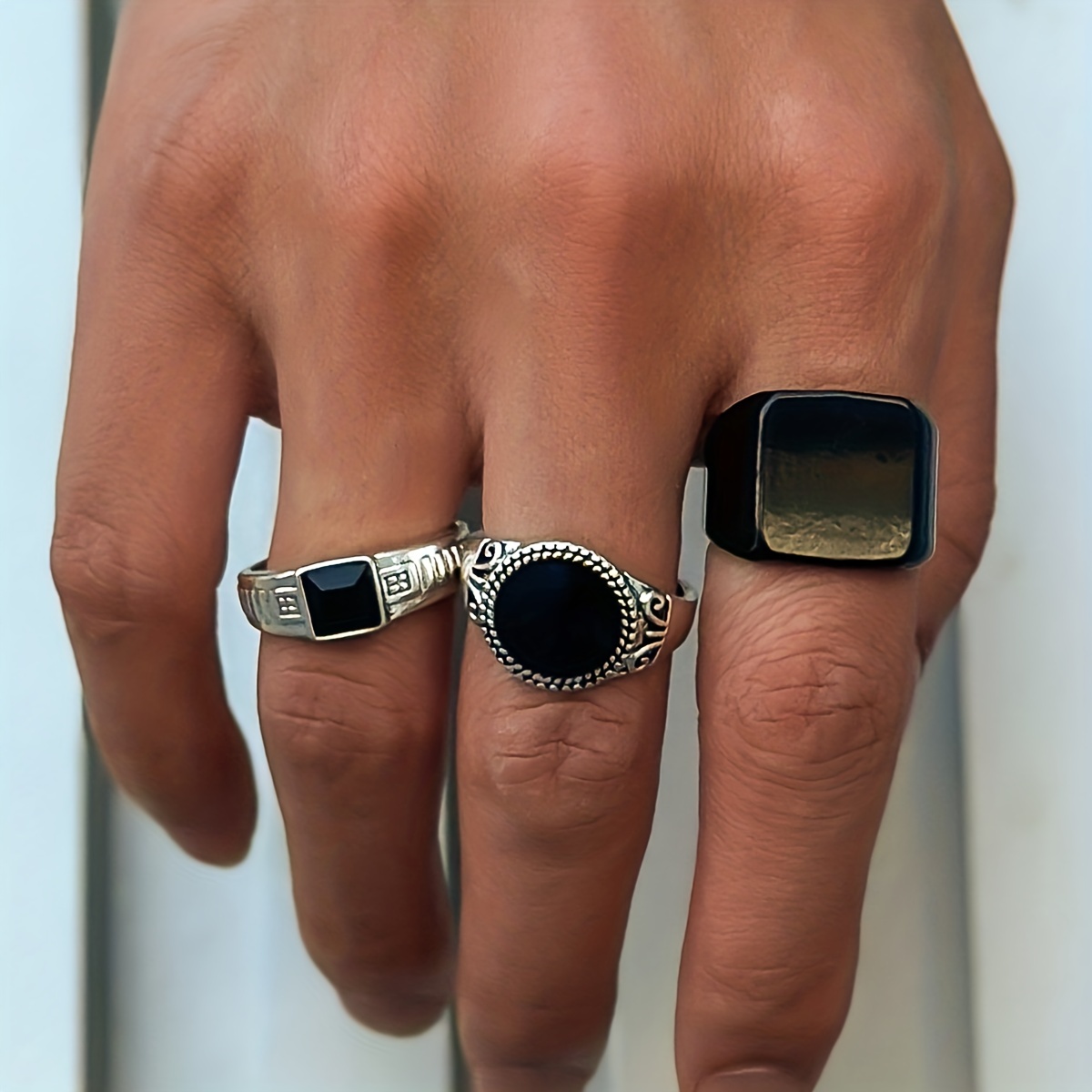3pcs Set Men's Vintage Stackable Gemstone Rings