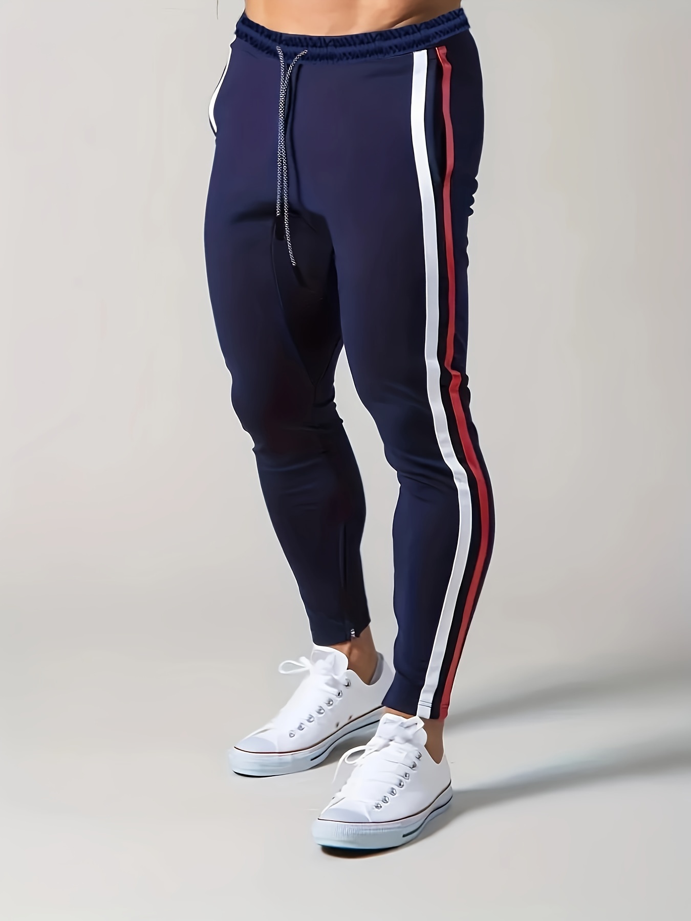 Navy Blue and White Horizontal Stripes Leggings for Sale by
