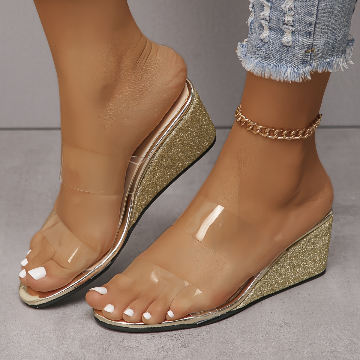 Women's Glitter Wedge Sandals Transparent Two Bands Open Toe - Temu