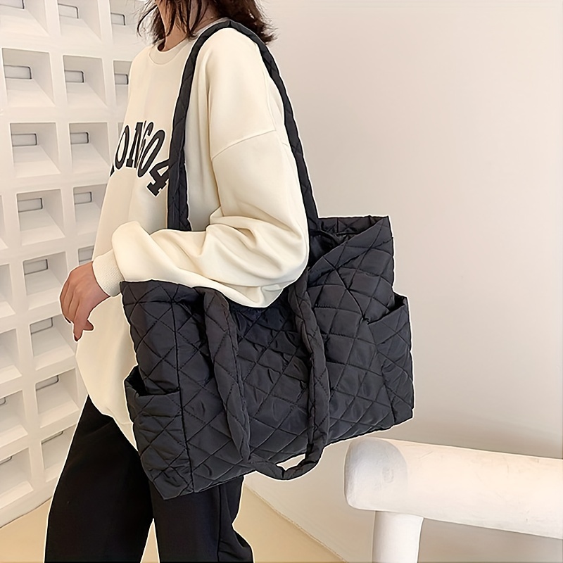 Puffer Quilted Tote Bag For Women, Large Capacity Shoulder Bag, Lightweight  Padded Handbag With Zipper - Temu