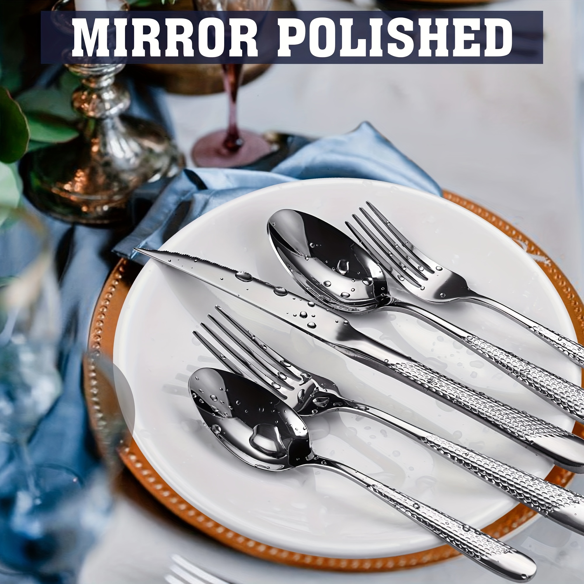 Mirror Polished Hammered Silverware Set - Dinner Knife, Fork