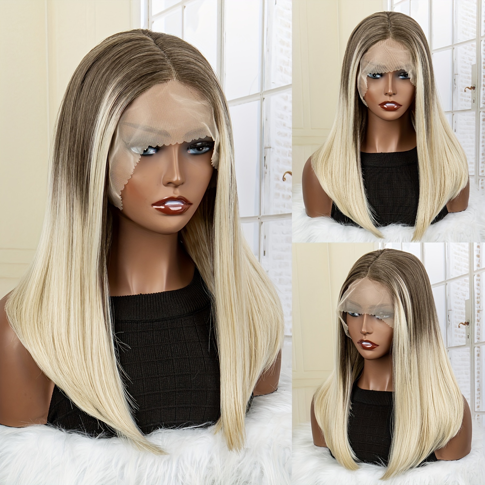 Human Hair Lace Front Wig,Ombre Brown Roots to Golden Brown with Blonde  Highlights Lace Part Wigs Pre Plucked Hairline for White Women,13x4x1  T-Part