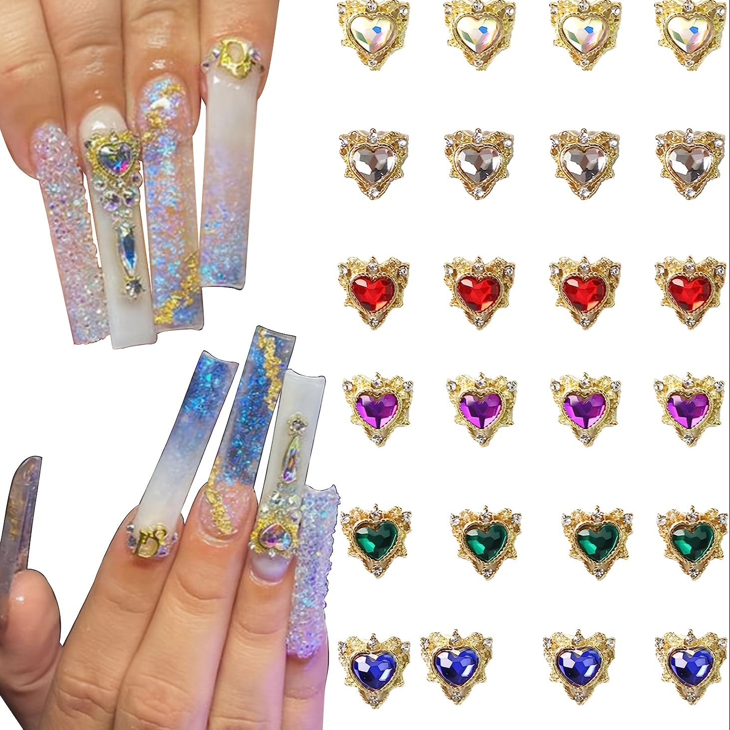 30pcs Heart Nail Charms 3D Nail Rhinestone Crystal Gem Charms For Nails  Golden Nail Art Charms Alloy Nail Jewels Nail Decoration For Nail Art  Accessories