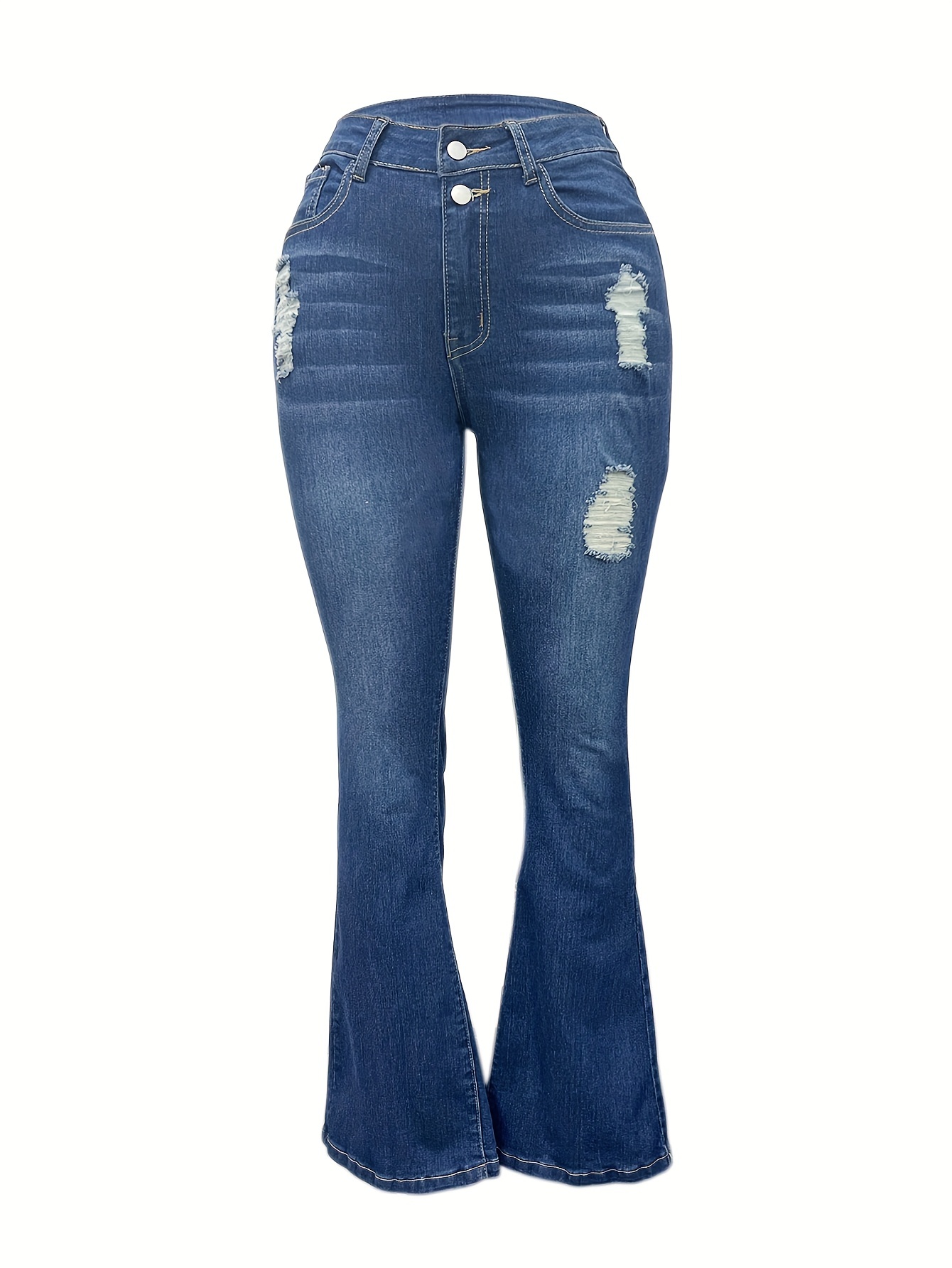 Blue Double Button Flare Jeans, High Waist Ripped Holes High