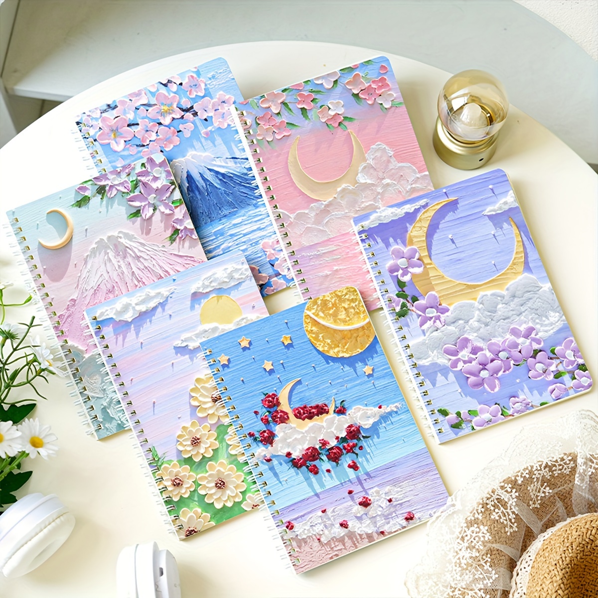 

1pc Romantic Oil Painting Style Writing Notebook Fresh Double Coil 360-degree Flip Portable A5 Notepad