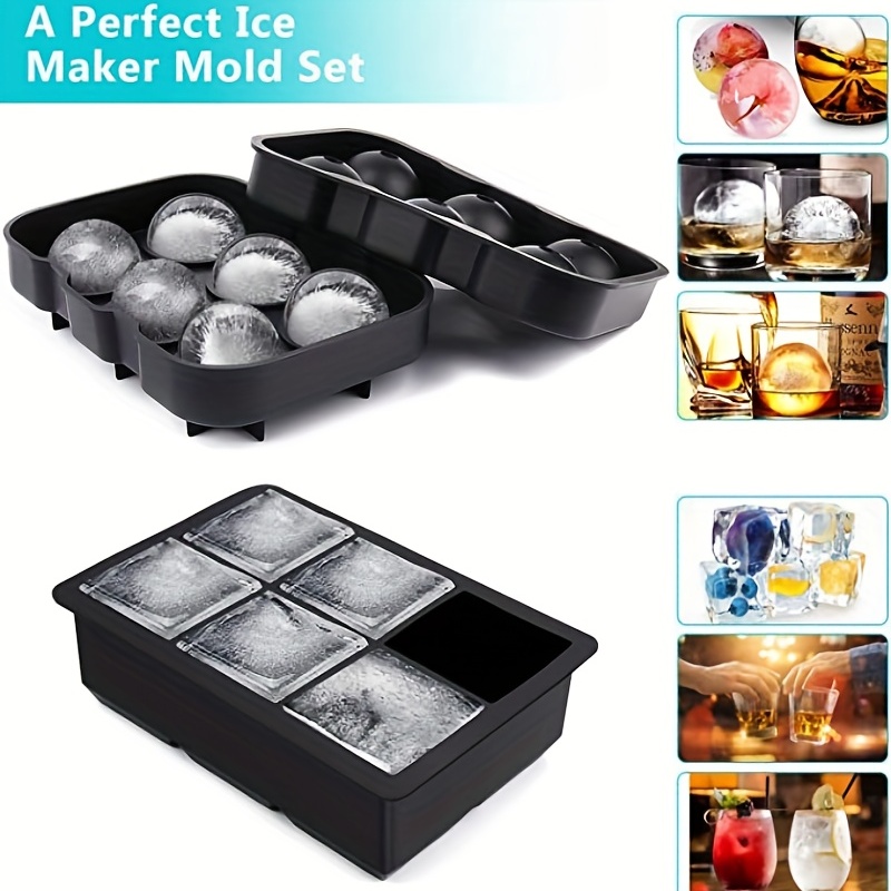 Silicone Ice Cube Trays (Set of 3) Whiskey Ice Ball Molds, Ice Ball Maker  Molds, Round Ice Cube Mold, Sphere Ice Cube Mold, Large Square Ice Cube Tray  for Cocktails and Bourbon