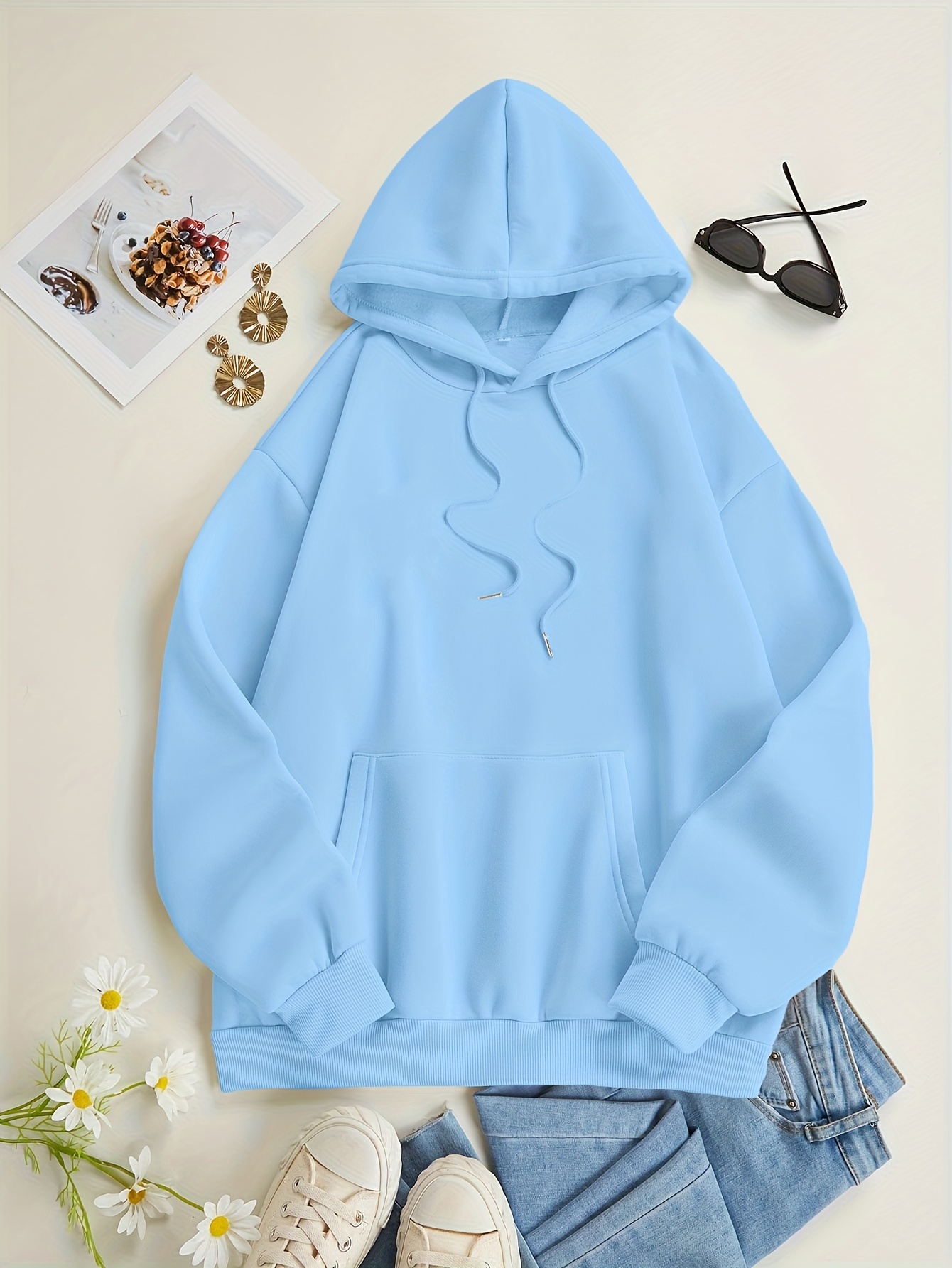 Solid Color Kangaroo Pocket Hoodie Casual Long Sleeve Thigh - Temu