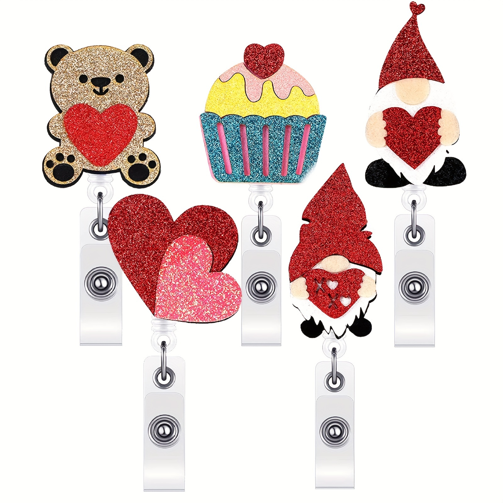 Cat,pc,Valentine's Day Badge Reel, Retractable Felt Holiday Badge Reel, Bear Cake Old People Love Badge Holder with Clip, Nurse Badge Reel, Name