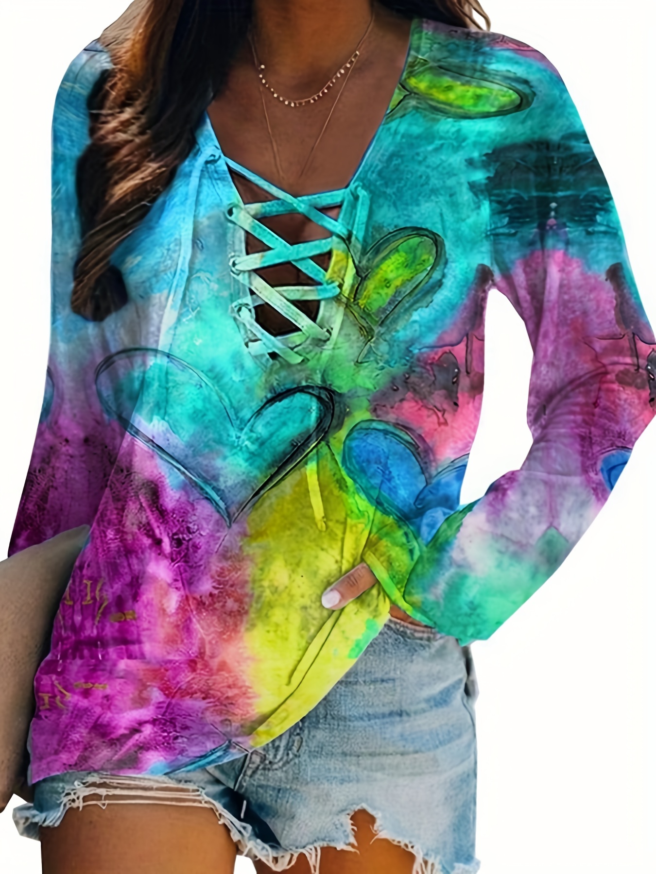 Women Plus Size Casual V Neck Hollow out Letter Print Tie Dye Long-sleeve Tee