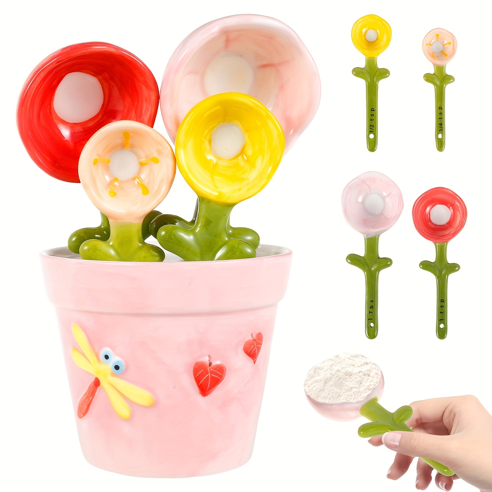4Pcs Porcelain Measuring Spoons Set With Base Cute Cactus Shape