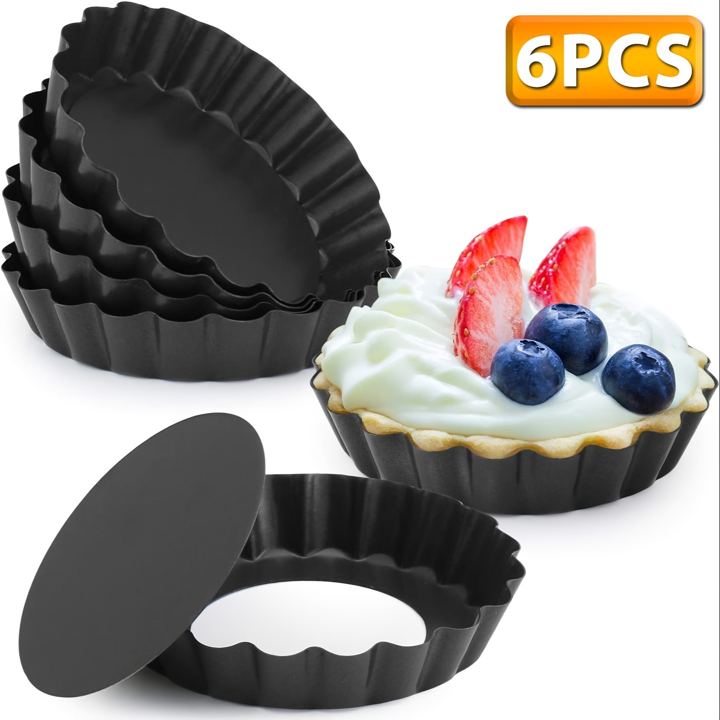 

6pcs Mini Tart Pans 4 Inch With Removable Bottom, Nonstick Round Quiche Pie Pan Set, Cupcake Muffin Mold Tin Pan Baking Tool, Reusable Quiche Bakeware Carbon Steel For Pies, Cheese Cakes, Desserts